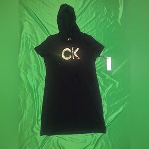 NWT Calvin Klein Black Hoodie Dress with Gold Logo size Large- Flaw